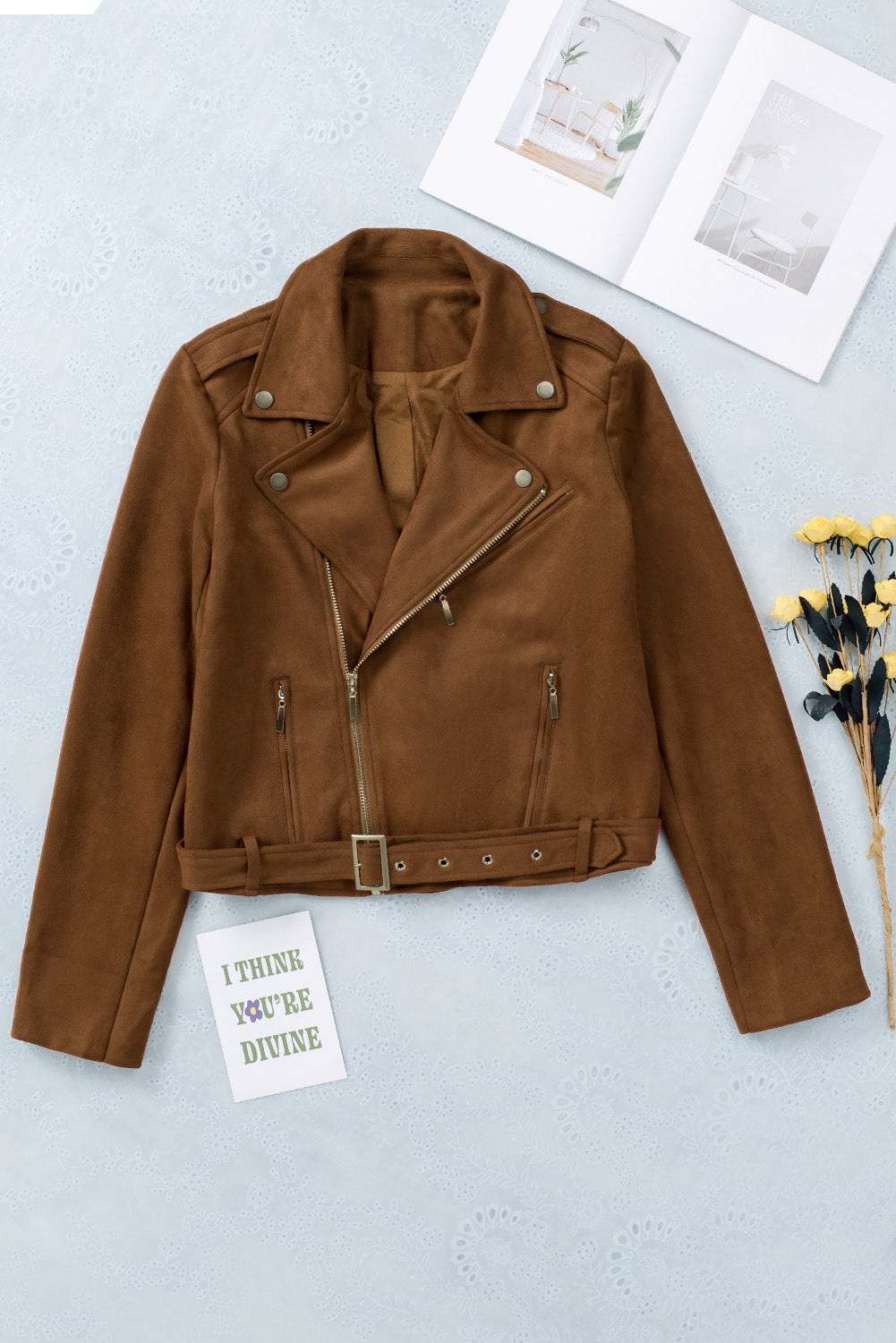 Brown Vegan Suede Zip Detail Moto Jacket