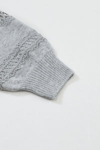 Gray Hollowed Lace Splicing V Neck Loose Sweater