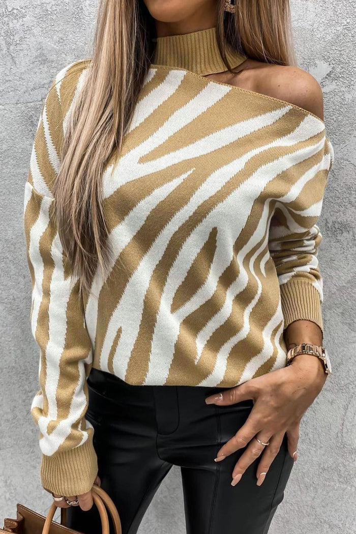 Khaki Zebra Print Mock Neck Cold Shoulder Sweater