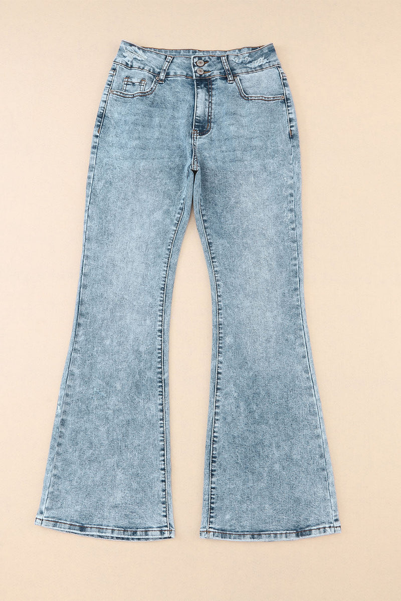 Sky Blue Subtle Ripped Detail Flare Bottom Jeans