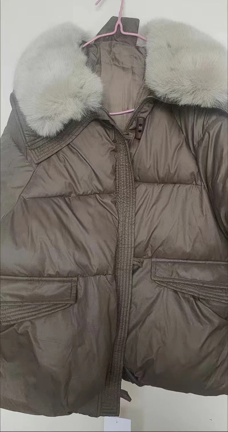 Winter New Fur Collar Puffer Down Parka Loose Down Warmer Thicken Snow Jacket Pocket Zipper Faux Fur Outerwear Female