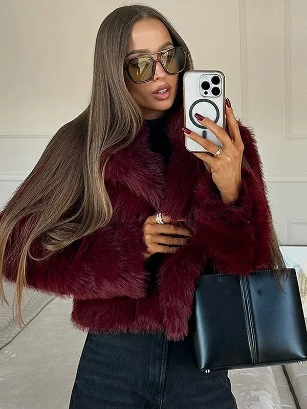 Wine Red Fluffy Faux Fur Short Coat Women Elegant Full Sleeve Warm Lapel Jacket New Winter Woman Commuter Outerwear 2024