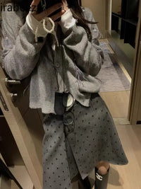 Factory Price Retro Wear Two Sides Wear Pleated Polka-dot Skirt Women 2024 Fall/winter New Fashion Gray A-line Skirt