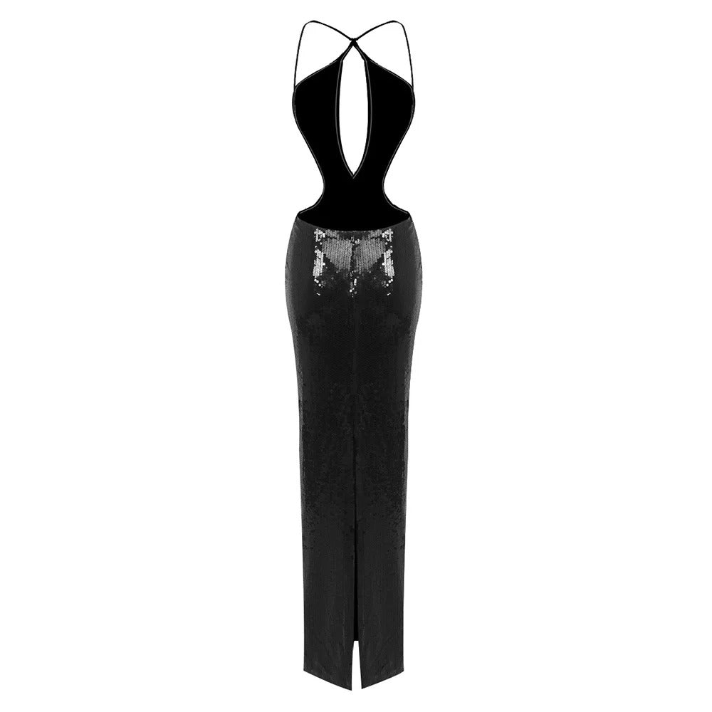 Women Summer Luxury Sexy Backless Halter Black Mesh Sequins Maxi Long Gowns Dress Elegant Sparkly Evening Party Club Dress