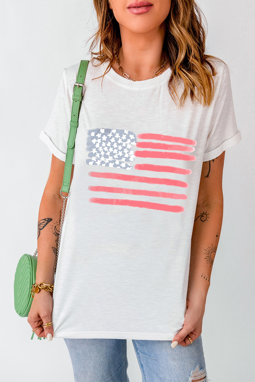 White American Flag Pattern Crew Neck Short Sleeve Tee