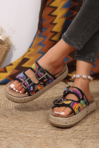 Black Paisley Print Double-Buckle Wedge Slippers