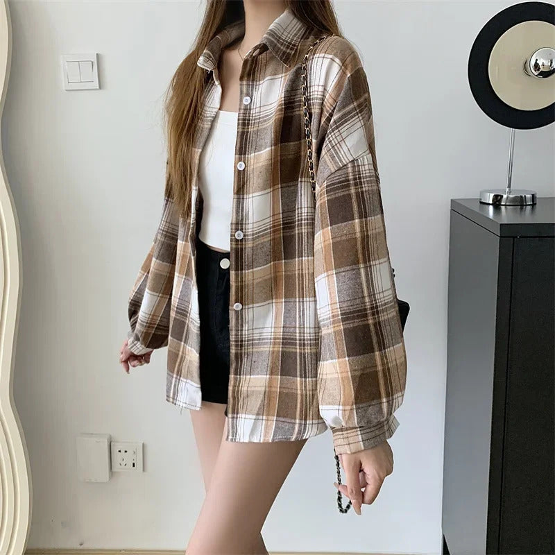 Plaid Shirt Women Autumn Long Sleeve Top Female Vintage Fashion Single Breasted Blouse Ladies Preppy Style Loose Check Shirts