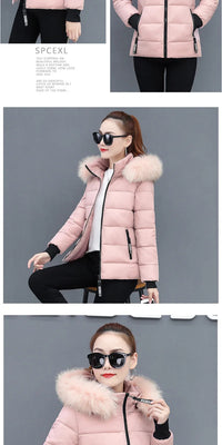 Zipper Fur Hooded Short Down Cotton Jacket Thickened Coat Fall Winter Casual Elegant Long Sleeve Warm Pockets Women Clothing New