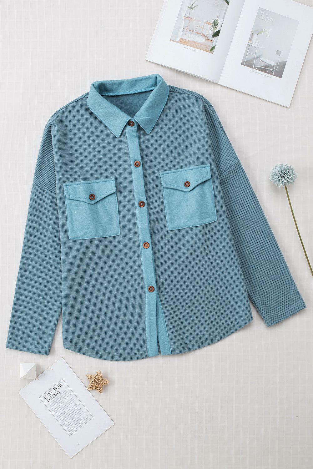 Sky Blue Chest Flap Pockets Waffle Knit Shacket