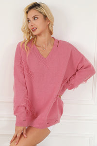 Pink Distressed Fringed Detail V Neck Baggy Sweater