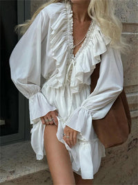 Ruffled V-Neck White Mini Dress Female Patchwork Long Sleeve Elegant Bandage Fashion Dress High Waist Lace-Up Women Dress