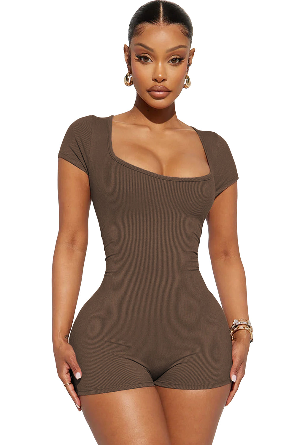 Brown Ribbed Square Neck Short Sleeve Athleisure Romper