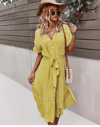 Summer Women Floral Print Dress Casual Short Sleeve Button Holiday Midi Dresses Female V-Neck Beach Boho Chic Dress Elegant Robe