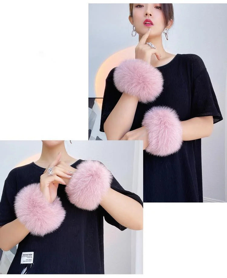 Natural Fox Fur Cuffs Wrist Arm Warmer Women Jacket Coat Sleeve Fur Triming Ladies Bracelet Real Fur Wristand Glove Snap Ring