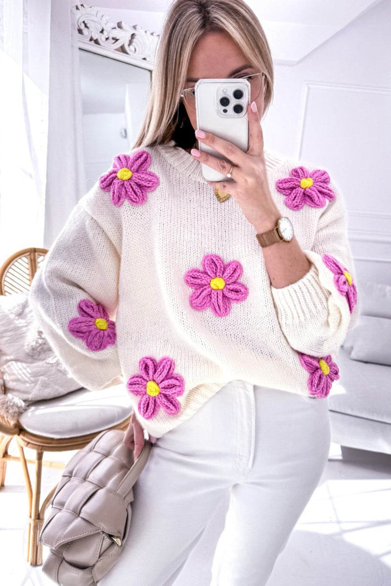 White Floral Crochet Chunky Knit Sweater