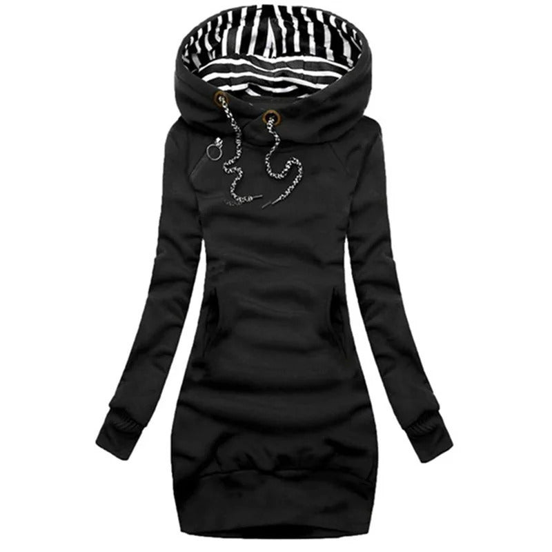 Hoodie Dress Casual Solid Colour Long Sleeve Drawstring Hoodie Dress Slim Hooded Pullover Sweatshirt Dress