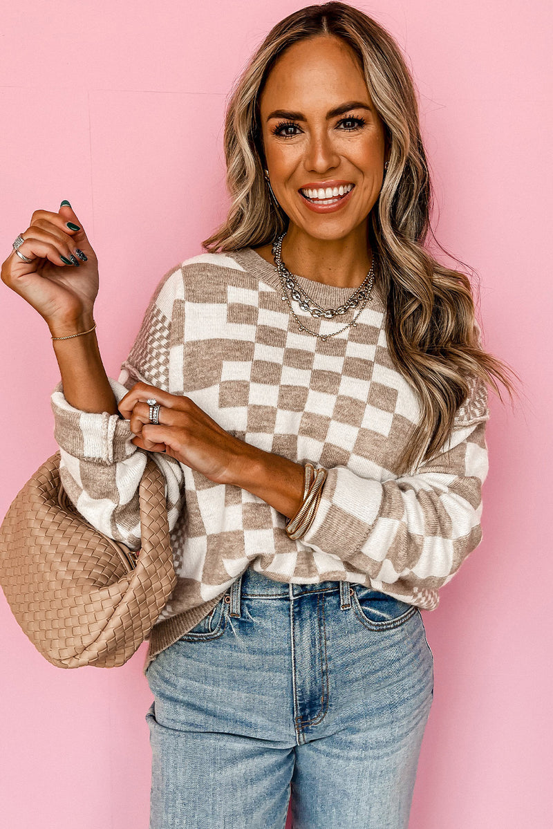 Khaki Checkered Print Drop Shoulder Round Neck Sweater