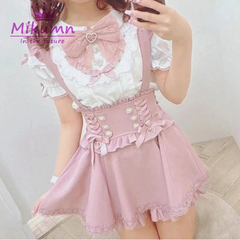 Mikumn Gothic Lolita Retro Bow Pearl Buckle Ruffles Suspender Skirts Y2k Japanese Girls Sweet Kawaii Lace A-Line Mini Skirts