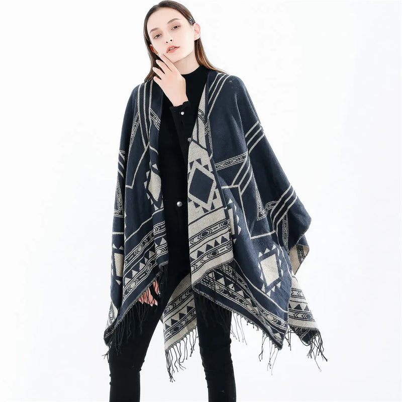 Cloak Poncho Capes 2024 New Indian Nepalese Style Geometric Tassel Split Women Shawl Warm Air Conditioning Room Lady Blue