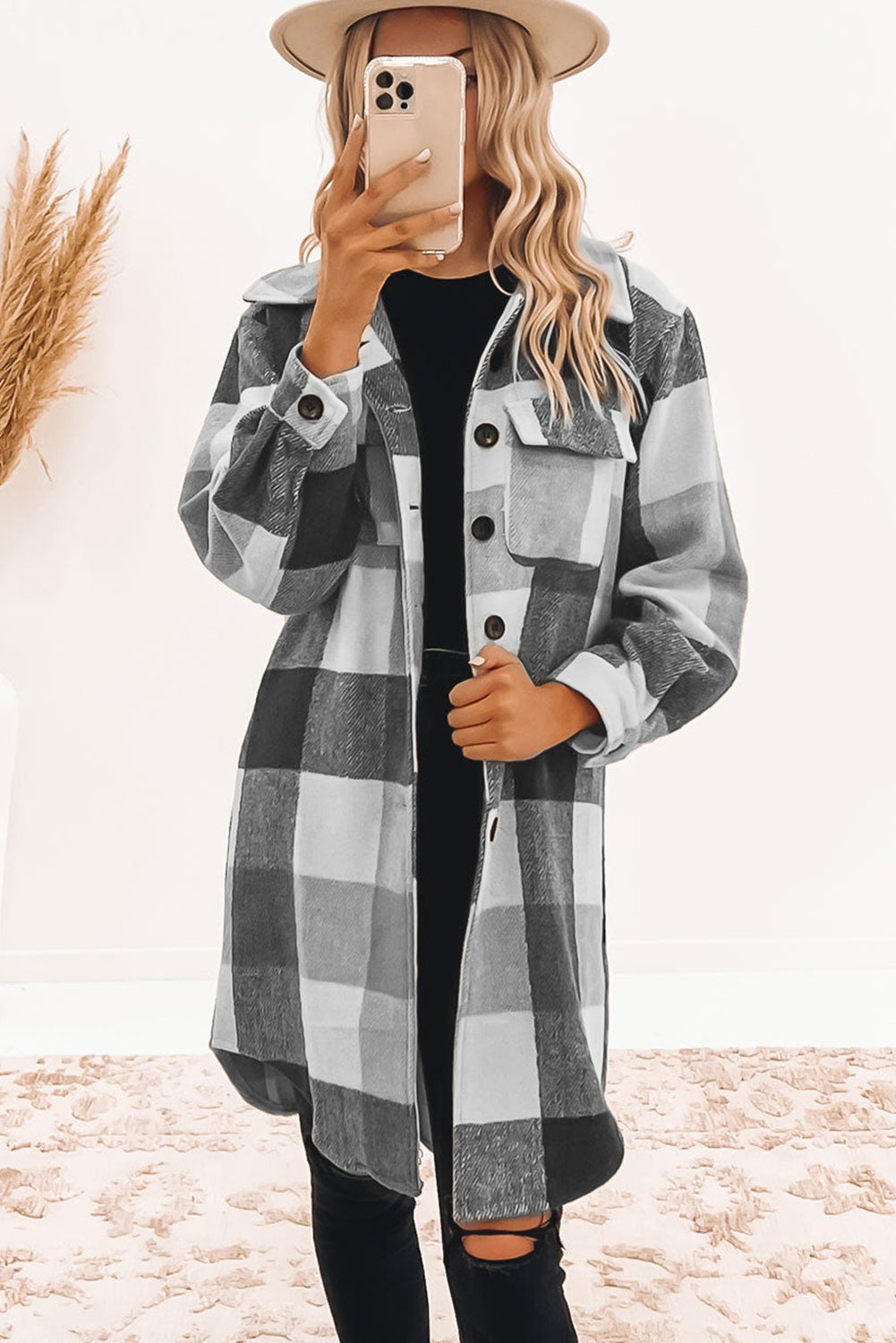 Medium Grey Plaid Button-Down Flap Pocket Long Shacket