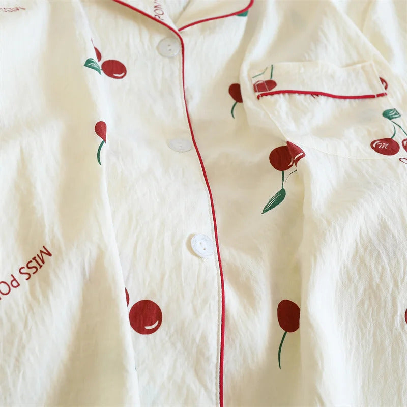 Cherries Print Two Pieces Pajamas Set Autumn Faux Cotton Pajamas Korean Fashion Home Clothes Ladies Pants and Top Set Pijamas