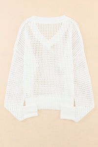 White Hollow Out Knitted Loose Fit V Neck Sweater