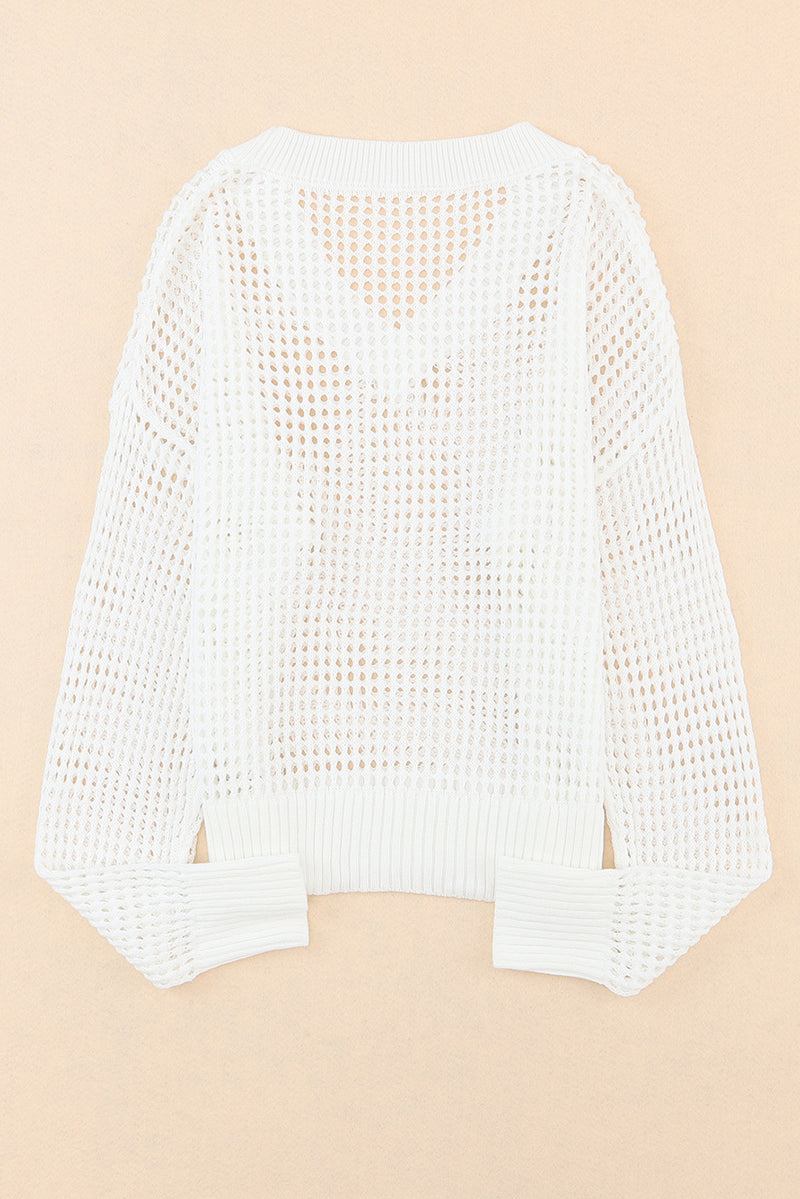 White Hollow Out Knitted Loose Fit V Neck Sweater