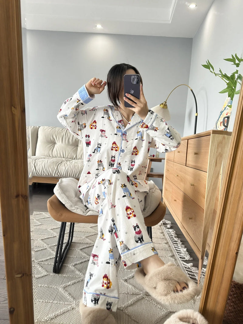 100% Cotton Pajamas for Women Loose Cartoon Long Sleeve Pants Loungewear Women 2 Piece Set Pj Women Outfit Sleepwear Set Pijamas