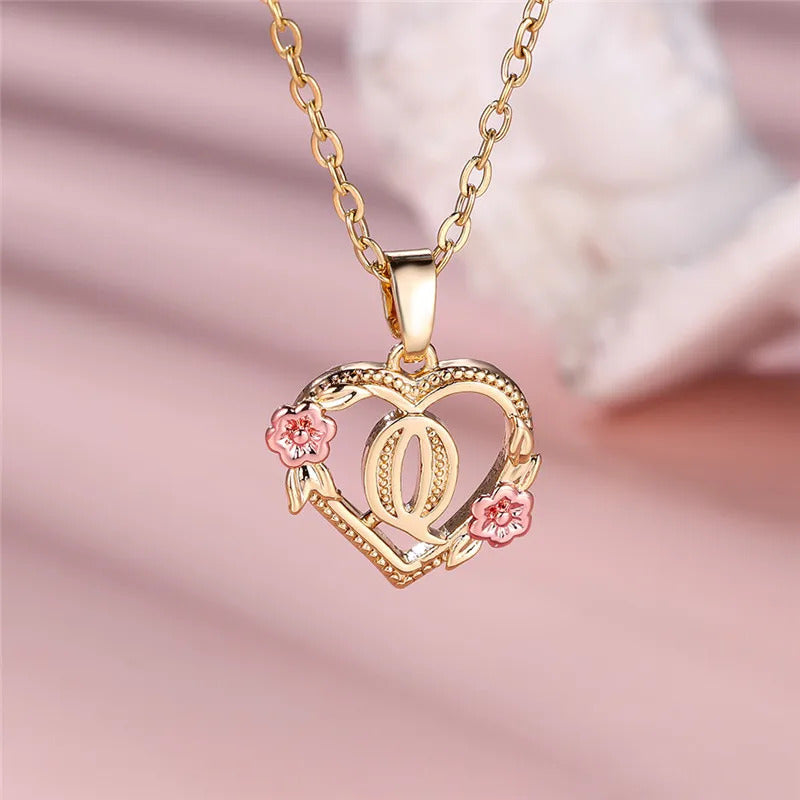 Female A-Z Letter Flower Pendant Necklace Yellow Gold Color Wedding Jewelry Gift For Women