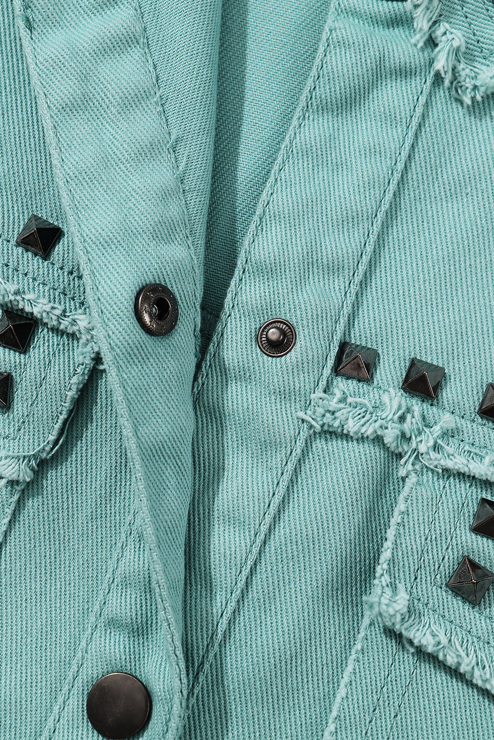 Mist Green Frayed Trim Riveted Denim Jacket