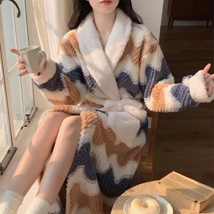 Women's Pajamas Cute Pijama Winter Sleepwear Warm Robe Sets Long Home Wear Bathrobe Plus Velvet Warmth Coral Fleece Nightgown