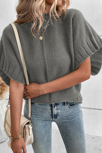 Medium Grey Mock Neck Batwing Short Sleeve Knit Sweater