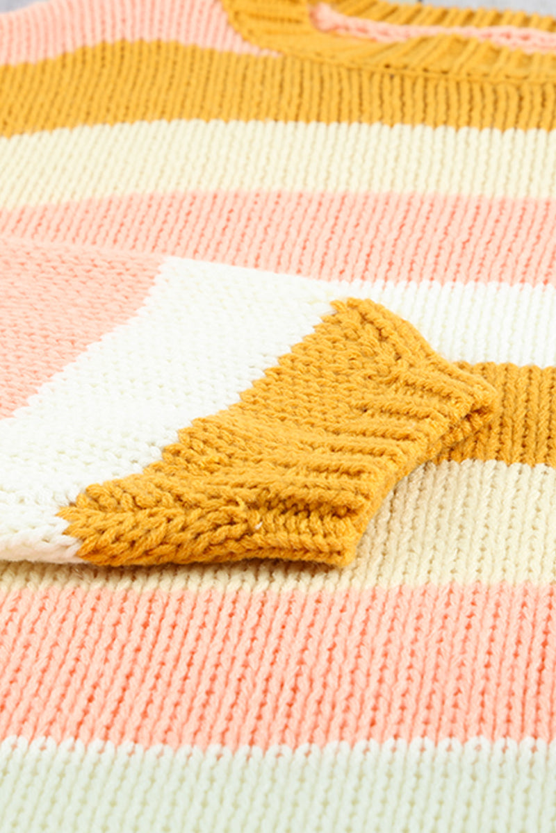 Yellow Striped Puff Sleeve Knitted Pullover Sweater