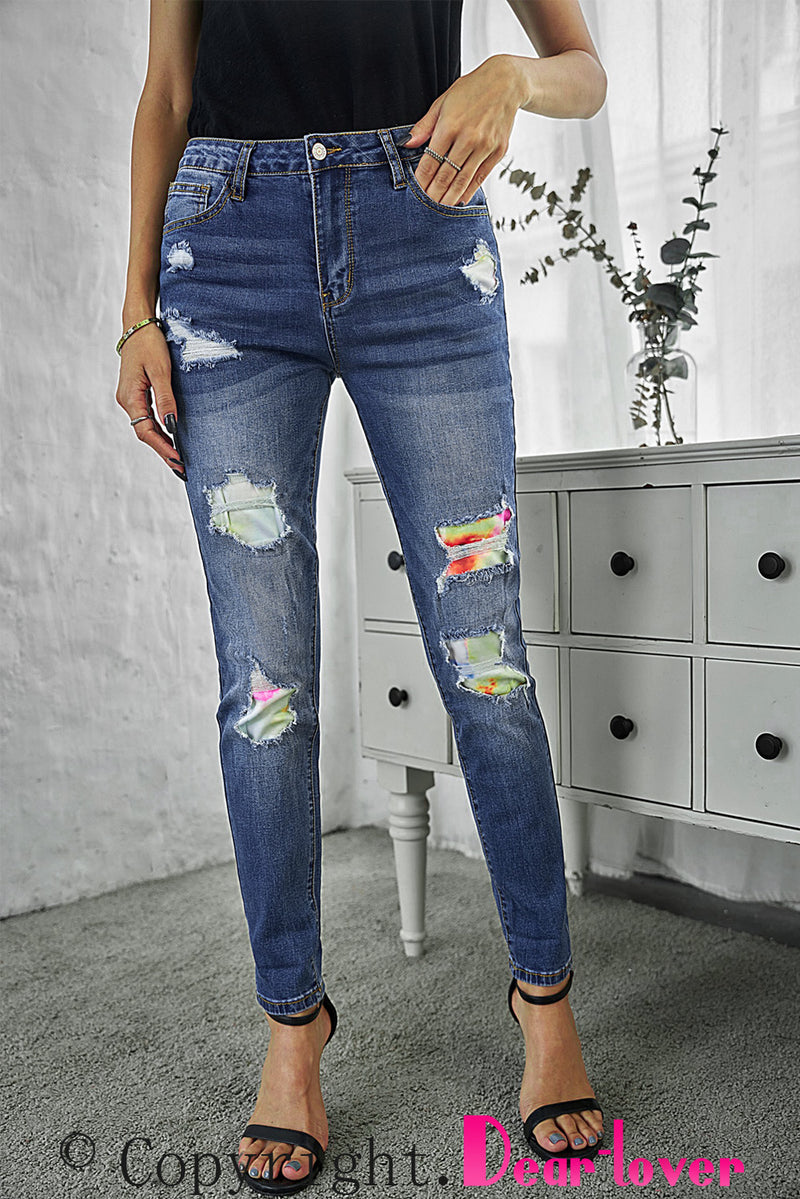 Tie Dye Patch Destroyed Skinny Jeans