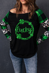 Green Lucky Clover Graphic Leopard Plaid Long Sleeve Top