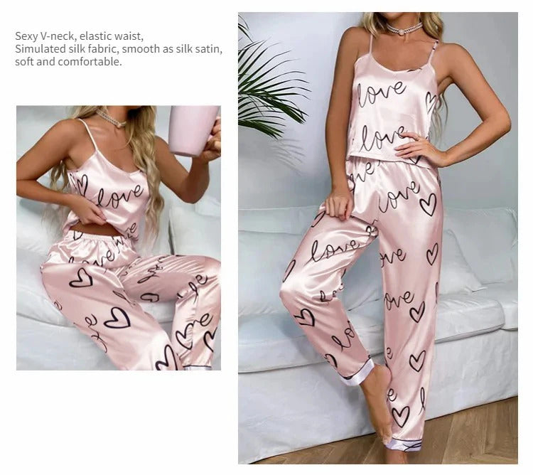 Women Satin Silk Pajamas Sets Letter Print Cami Vest Shirt With Trouser Sleepwear Ladie Sexy Pajama Lingerie Pyjamas Nightwear