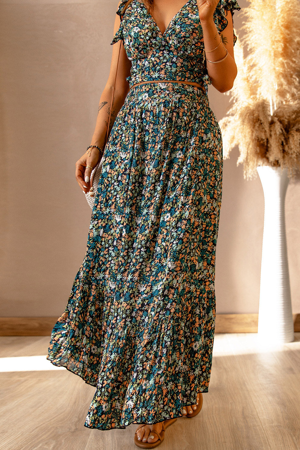 Women's Floral Ruffled Crop Top and Maxi Skirt Set for Fashionable and Fresh Style