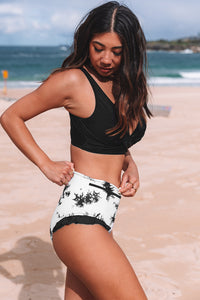 Black Sexy Solid Crisscross Top and Ruffled Tie Dye High Waisted Swimsuit