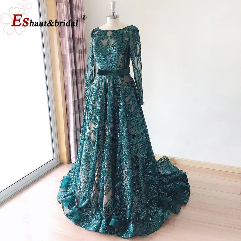 Dubai A-Line Luxury Wedding Evening Dress for Women Muslim 2024 Long Sleeves Sequin Plus Size Formal Prom Party Gown Customized