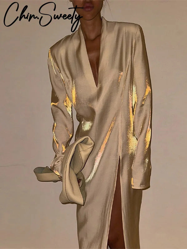 Casual Glitter Long Dress Women Loose V-neck Full Sleeve Front Split Ankle-length Dresses Female 2025 Spring Summer Lady Robe