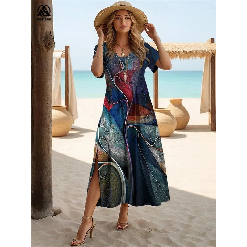 Summer Streaks Print Clothing Elegant Women's Slit Dress V-Neck Short Sleeves Long Dresses Loose Pullover Hot Selling Streetwear