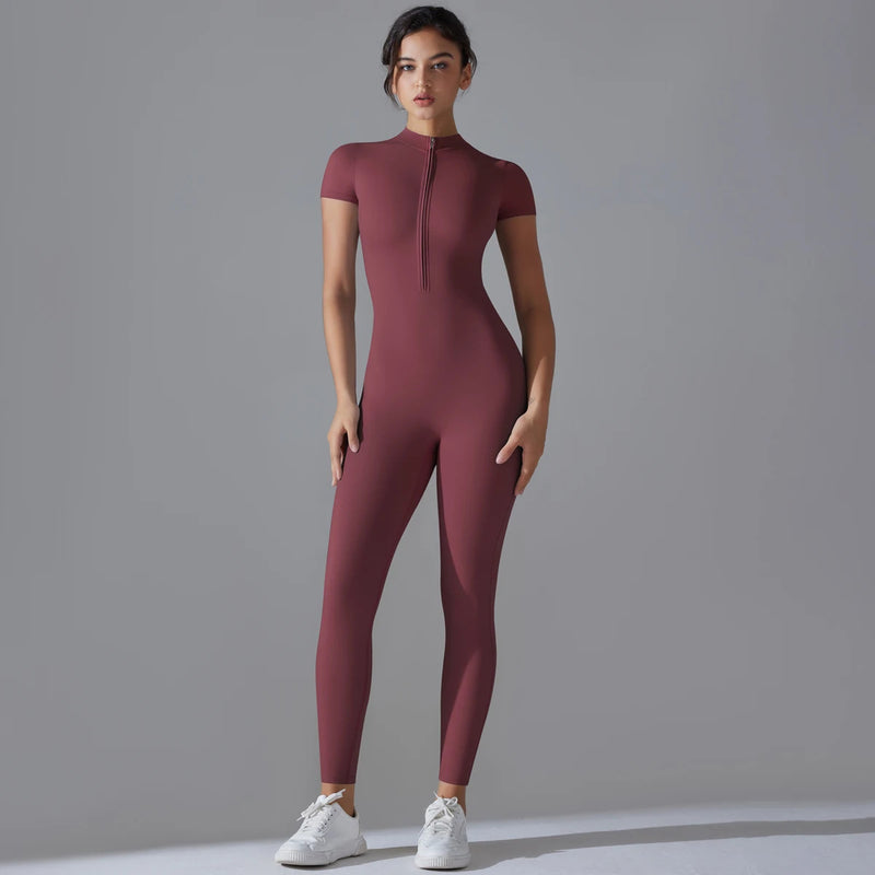 Yoga Set Women's Jumpsuits One-Piece Suit Zipper Short Sleeve Gym Push Up Workout Clothes Fitness Bodysuit Sportswear Tracksuit