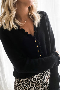 Black Frilled V Neckline Buttons Sweater Cardigan