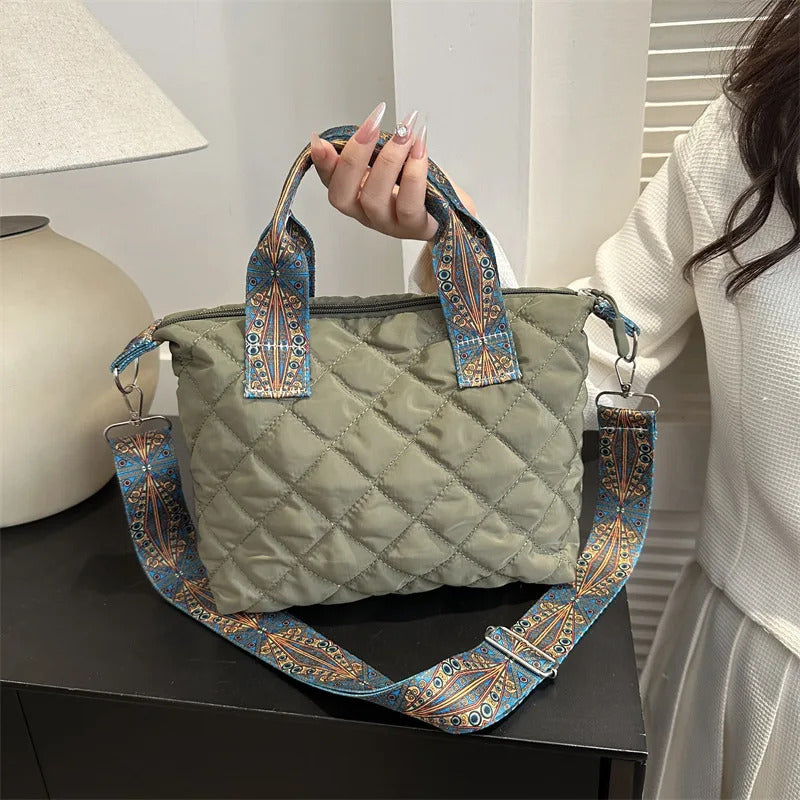 Women Wide Shoulder Belt Handbag Fall/Winter Rhombus Space Cotton Shoulder Bag Large Capacity All-Match Shopping Tote Bag