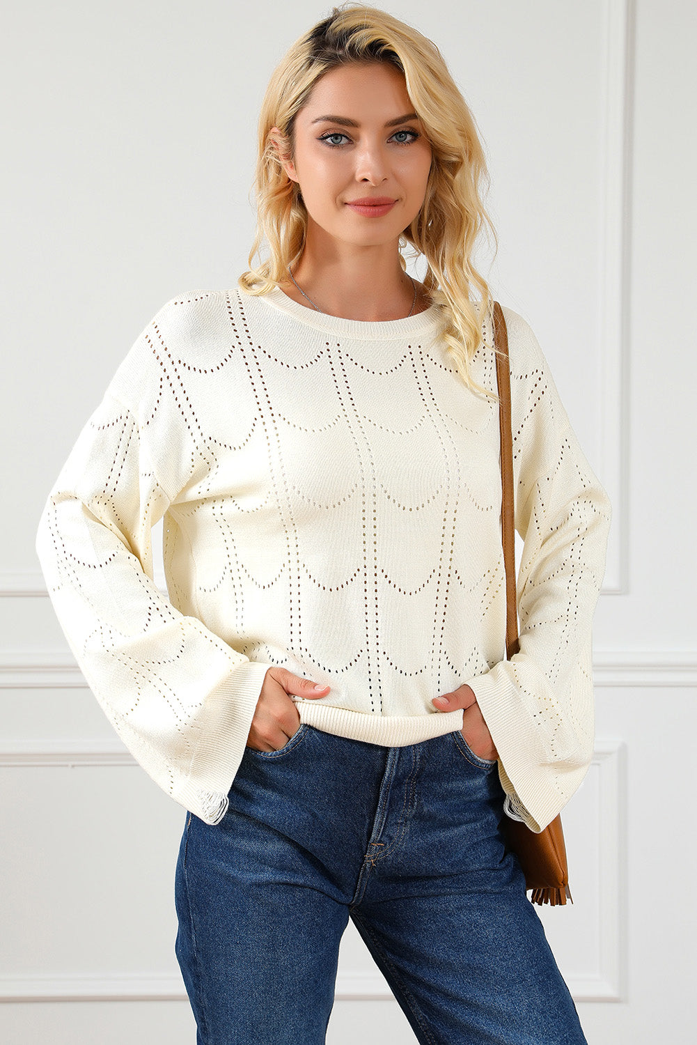 Beige Flare Sleeve Texture Knit Sweater