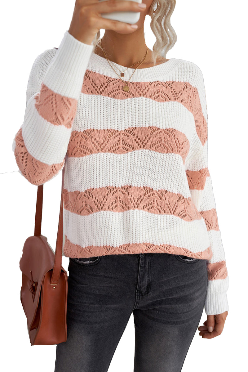 White Striped Colorblock Knit Sweater