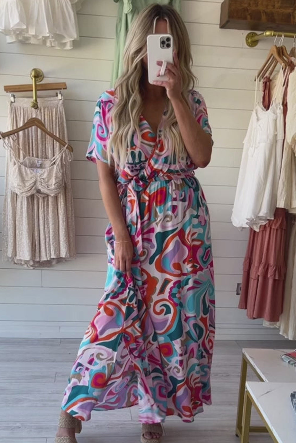 Women's Abstract Printed Wrap V Neck Belted Maxi Dress