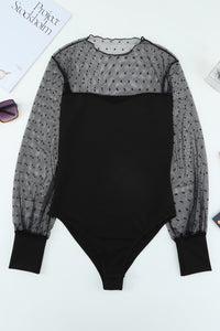 Polka Dot Mesh Splicing Long Sleeve Bodysuit