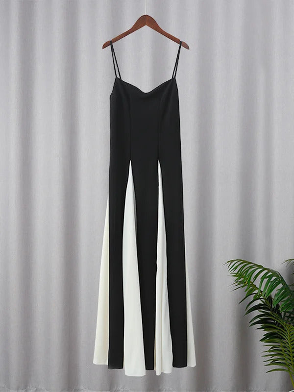 Elegant Black White Contrasting Women Sling Dress Fashion Backless Sleeveless High Waist Maxi Dresses Female Party A-line Robes