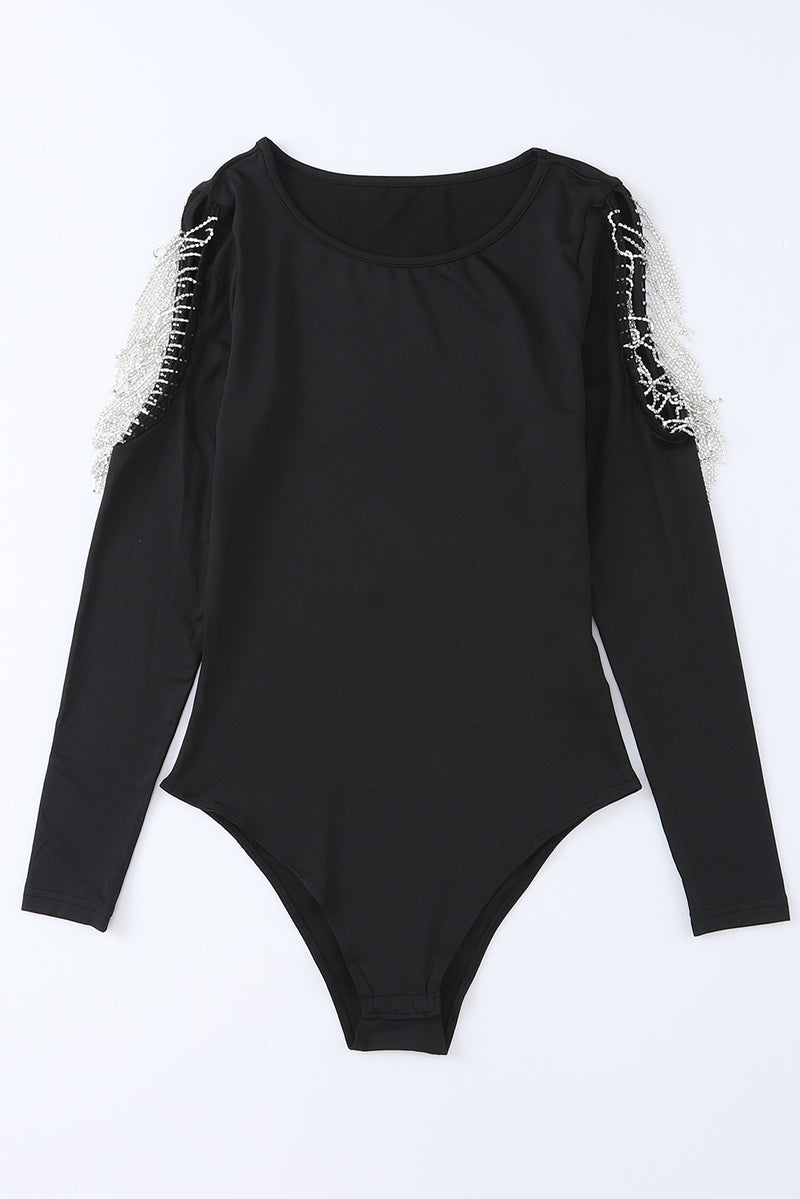 Black Rhinestone Fringed Cold Shoulder Long Sleeve Bodysuit